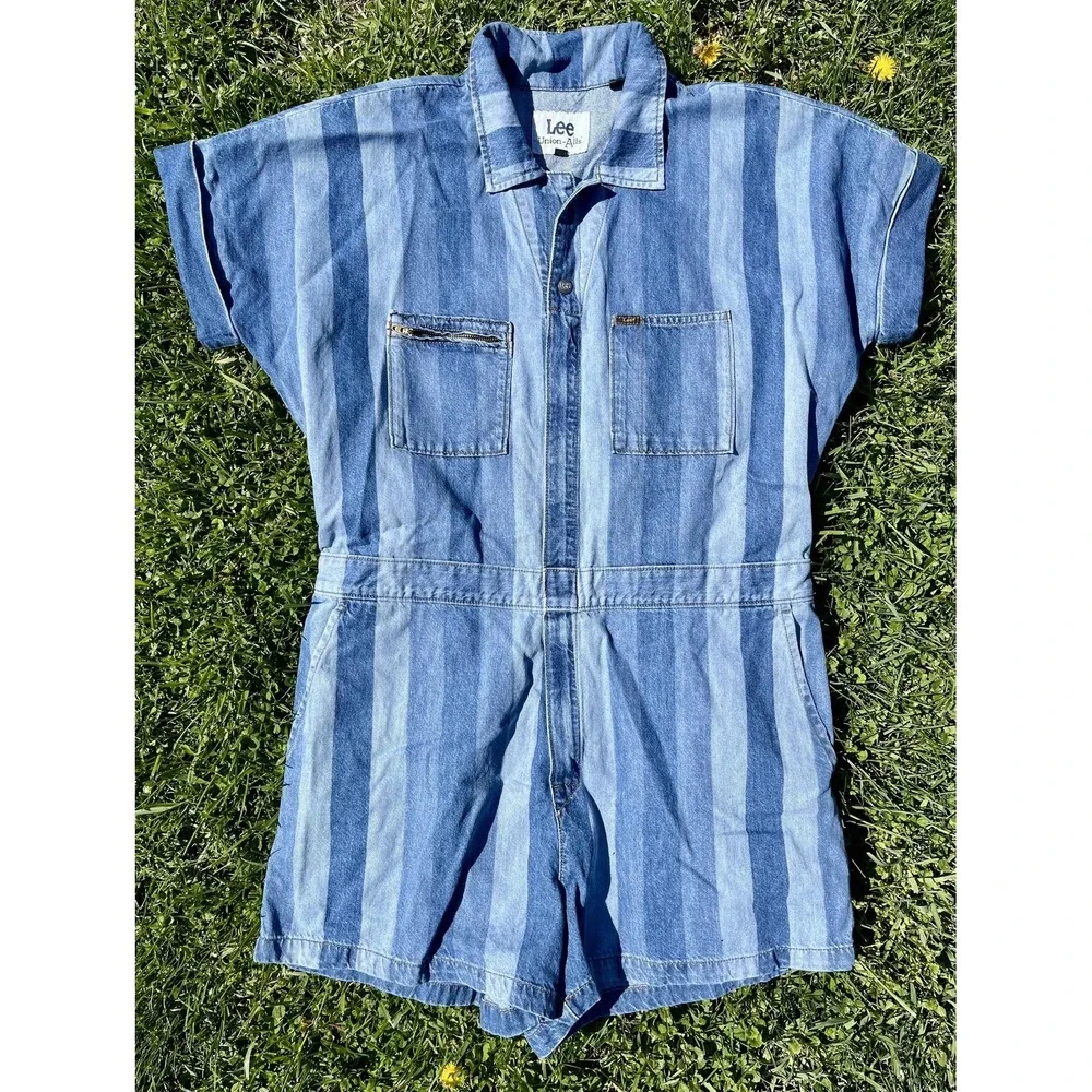 Vintage Lee Union‎ Alls Denim Romper XL Striped Workwear Shortalls 90s